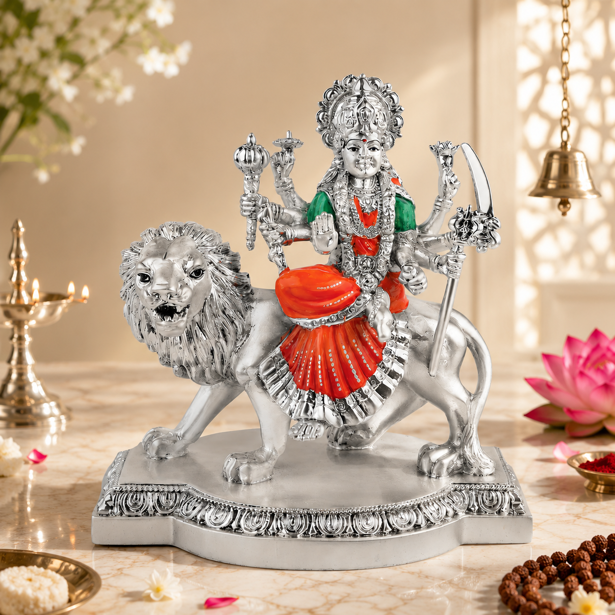 Maa Durga Sherawali Silver Idol with Kesariya Shringar