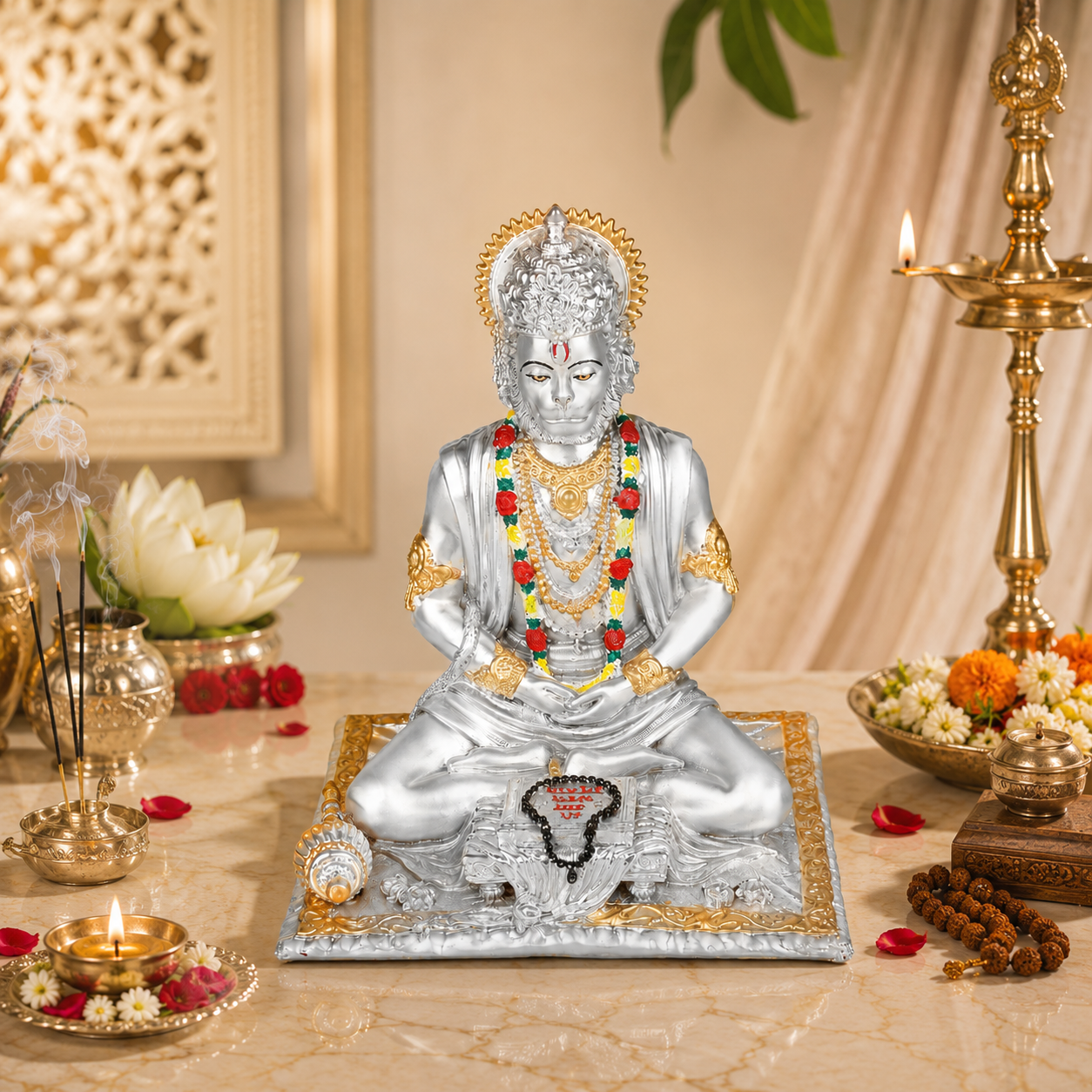 Bhakt Hanuman Ram Naam Jap Silver Idol with Granth Base