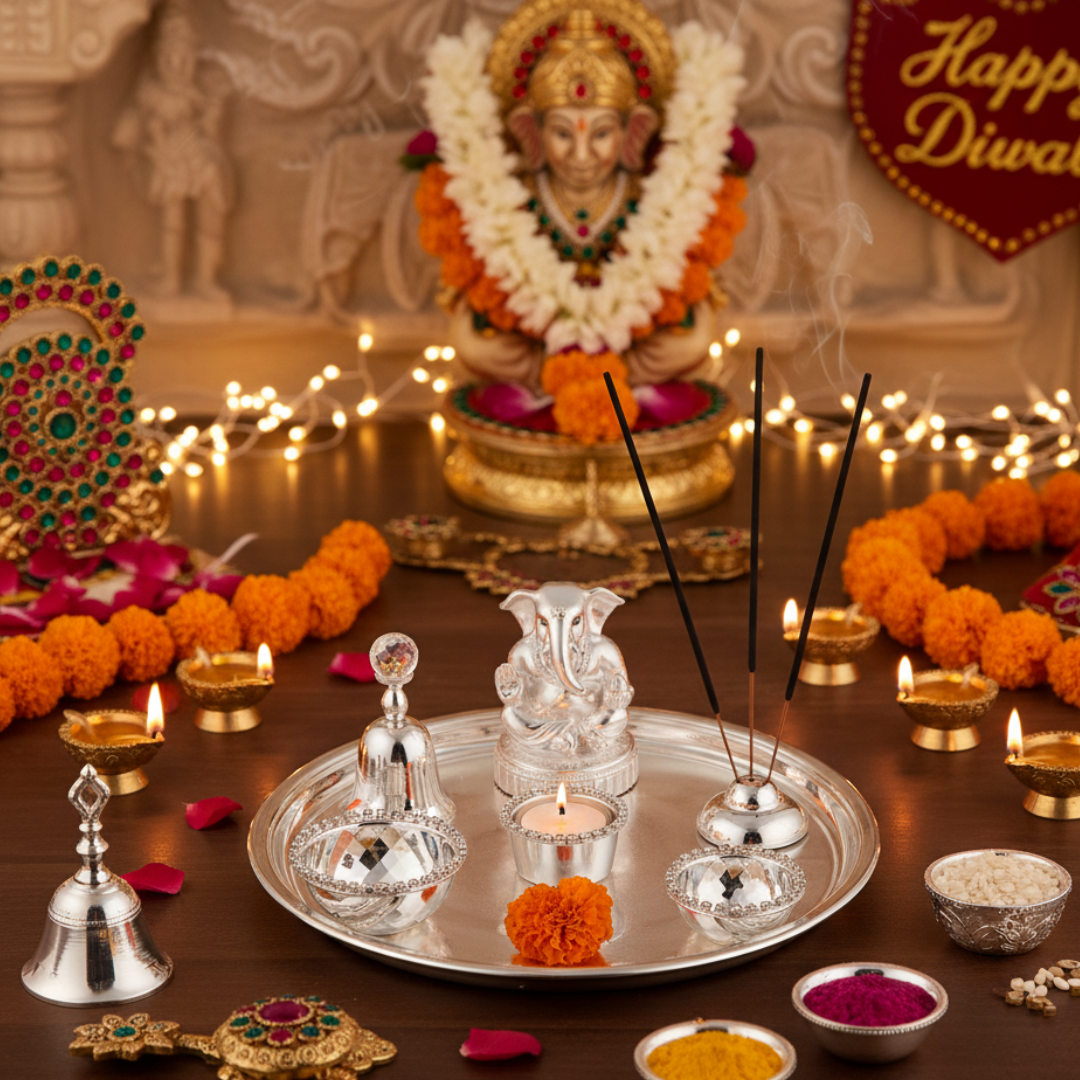 Puja Thali ( Ganesha + Tea Light + 2 Bowl + Agarbati Stand + Bell)