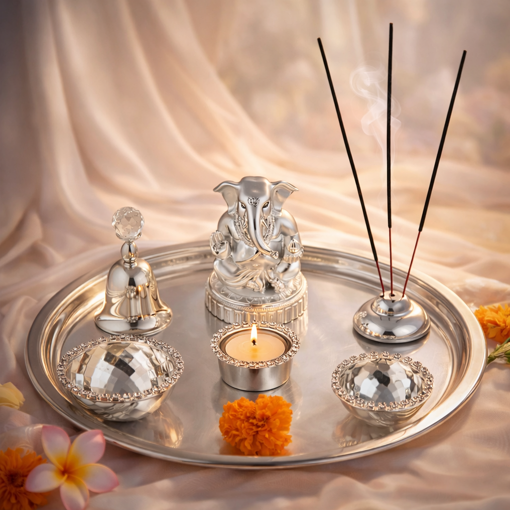 Puja Thali ( Ganesha + Tea Light + 2 Bowl + Agarbati Stand + Bell)
