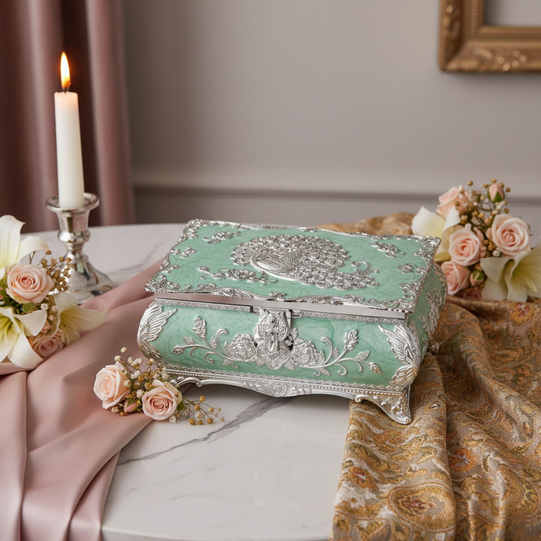 Peacock enamel jeweller box Large - Sea Green