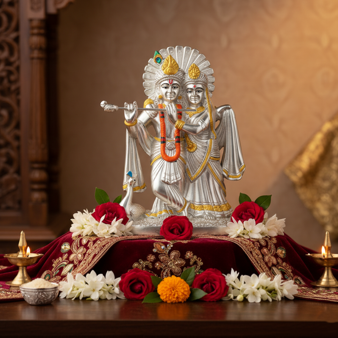 God Idols Radha Krishna Small  -  Silver