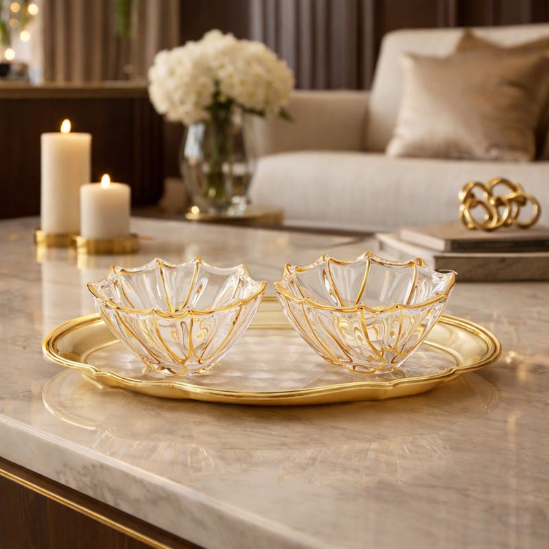 oval cutwork design tray DT & 2 glass bowl