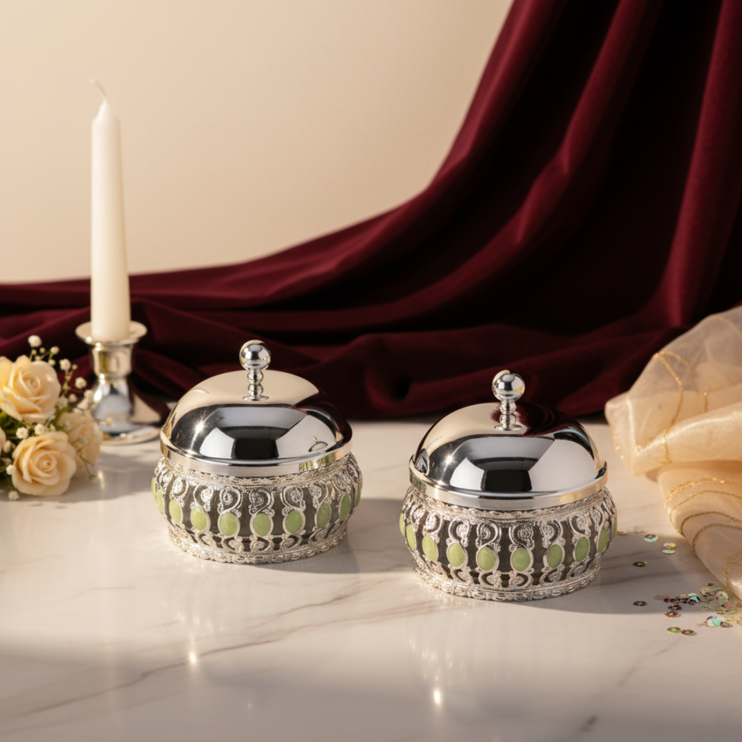 Pair of Enamel Candy Jar With Lid - Sea Green