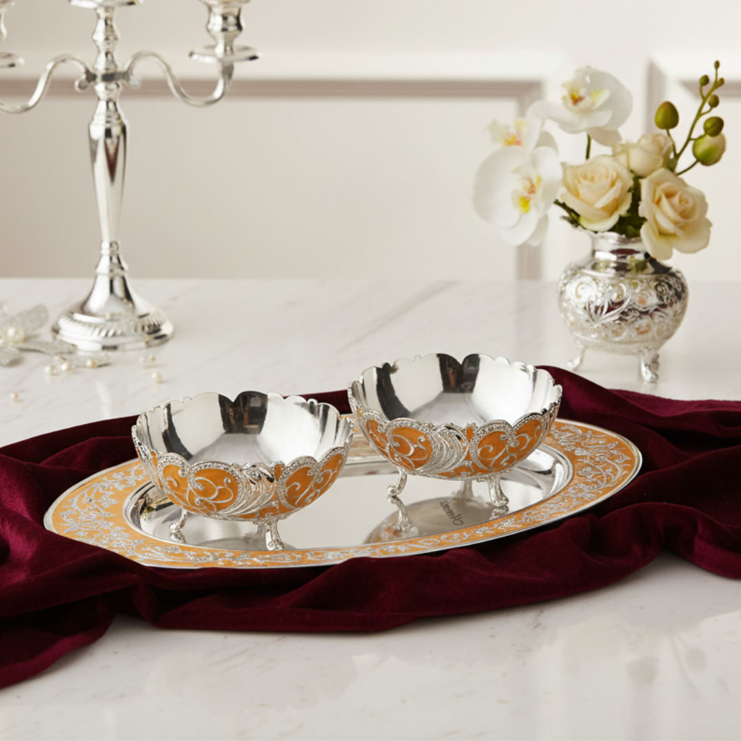 Oval MOP Tray Medium With Set Of 2 Pastel Bowls - Peach