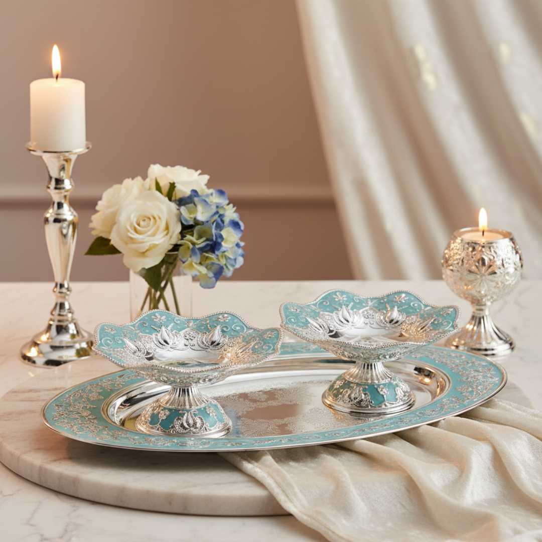 oval tray with set of 2 galvanic platter Blue