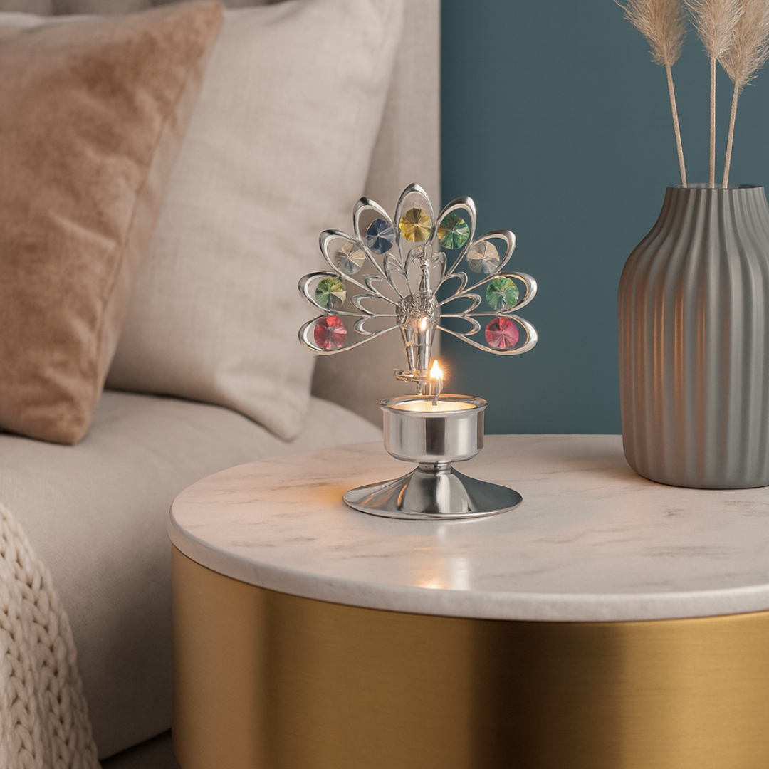 Peacock Tea Light Holder Colored Crystal