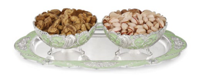 oval tray with 2 enamel bowl blue