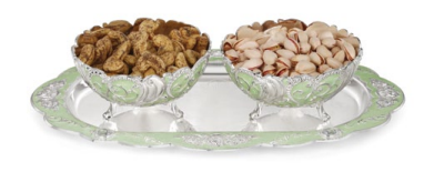 oval tray with 2 enamel bowl white