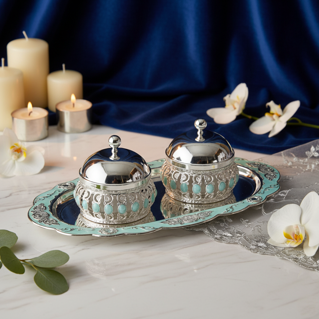 Oval Tray With Wet of 2 Candy Jars(Green)