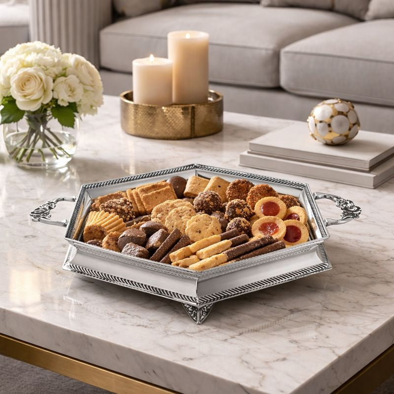 Hexagonal Tray with Handle & Feet - Silver