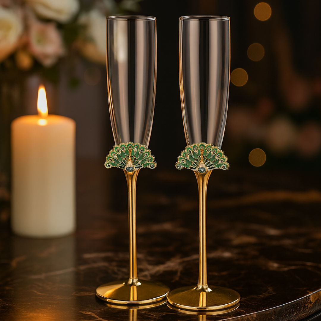 Peacock Champagne Glass- Set of 2- Gold