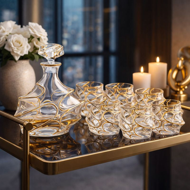 6 glasses with decanter - Octagon Shaped with  box- Gold