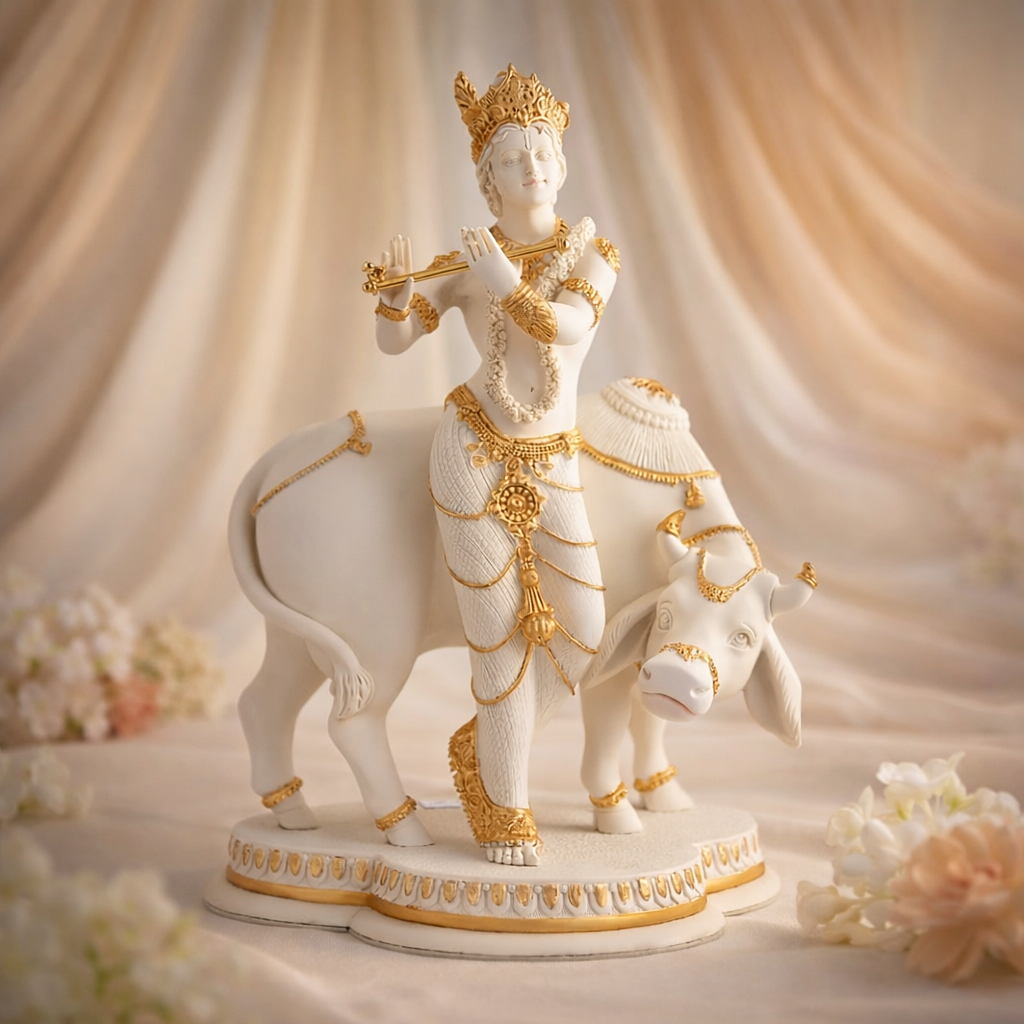White & Gold Krishna with Cow H 44cm
