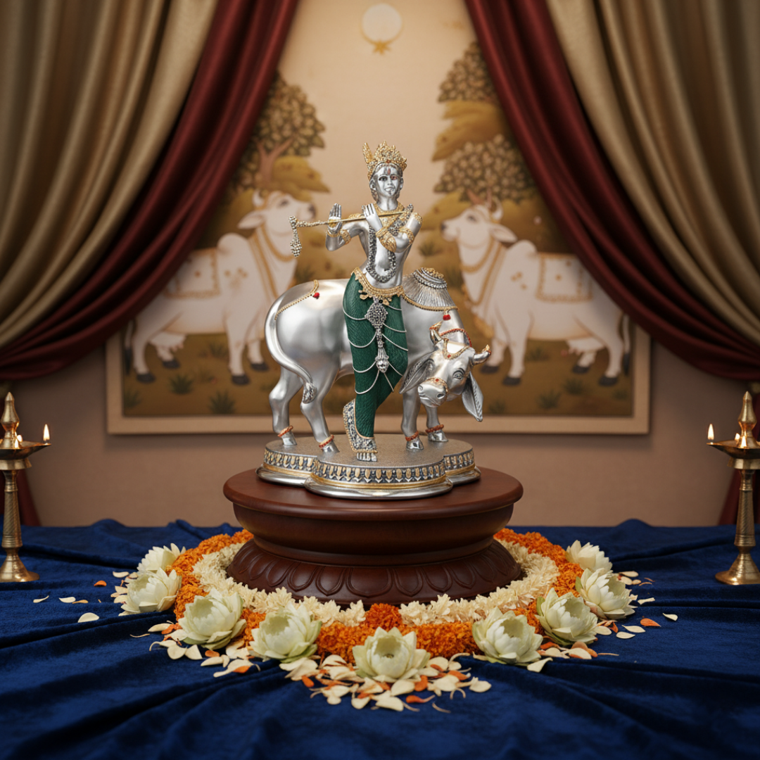Standing Krishna with Cow (44-cm) Green