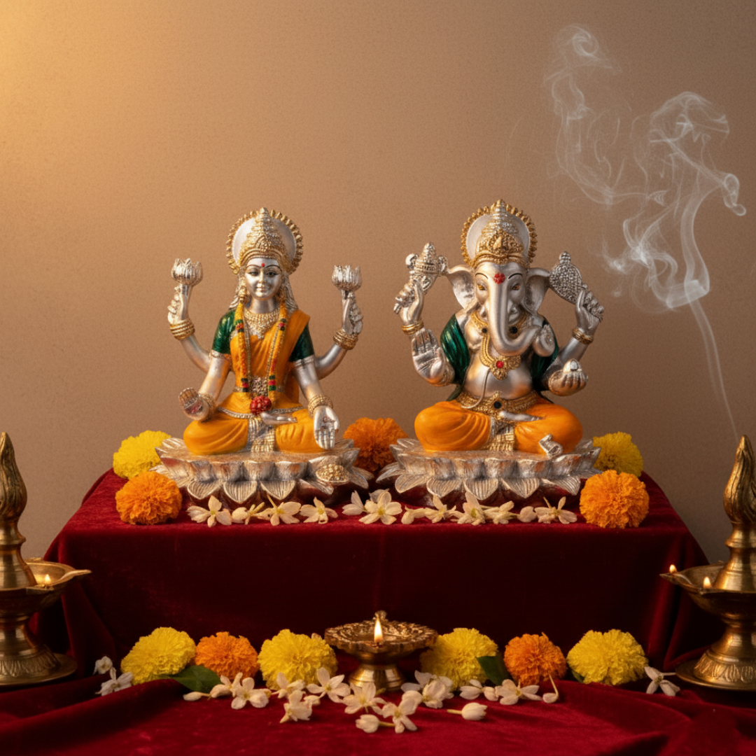 Lotus Laxmi Ganesha Set (h-13 cm)- Colored