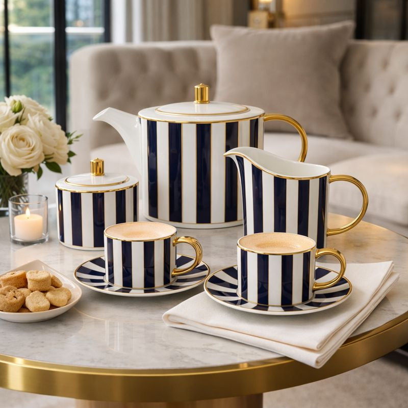 ROYAL BLUE SIGNATURE PORCELAIN (6 Cup and 6 Sauser 1 Creamer 1 Kettle with Lid 1 Sugar bowl with Lid)