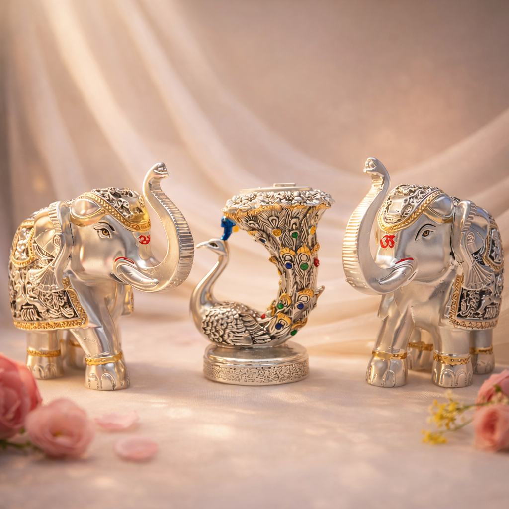 Pair of silver elephant & peacock tea light- Silver