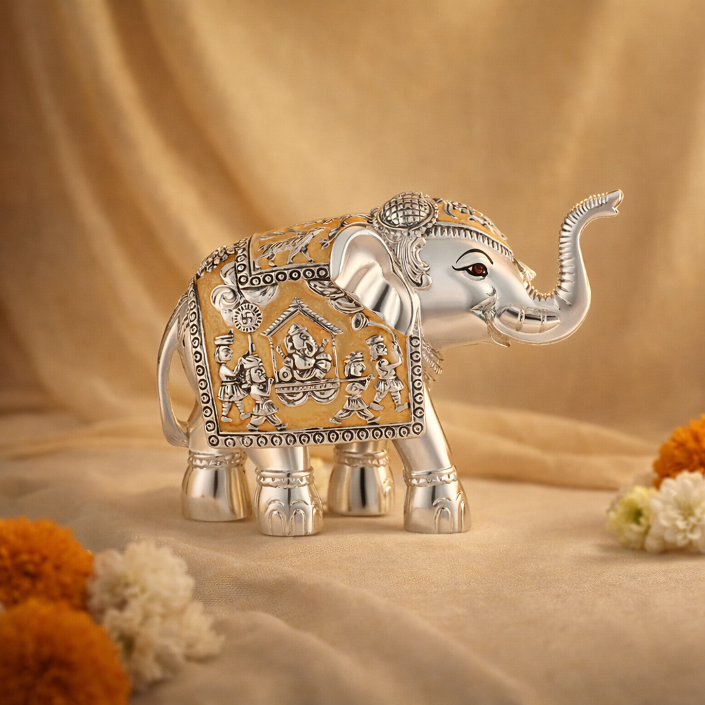 Pair of Silver Peach Meena Elephant Small