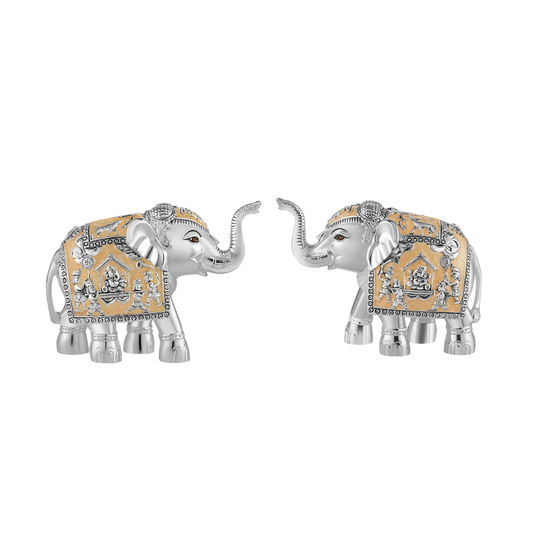 Pair of Silver Peach Meena Elephant Medium