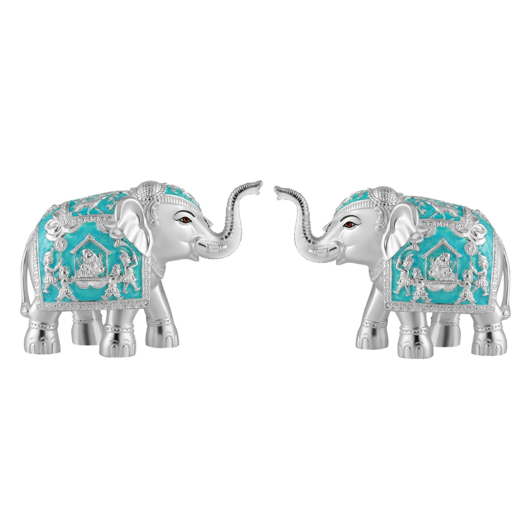 Pair of Silver Sky Blue Meena Elephant Medium