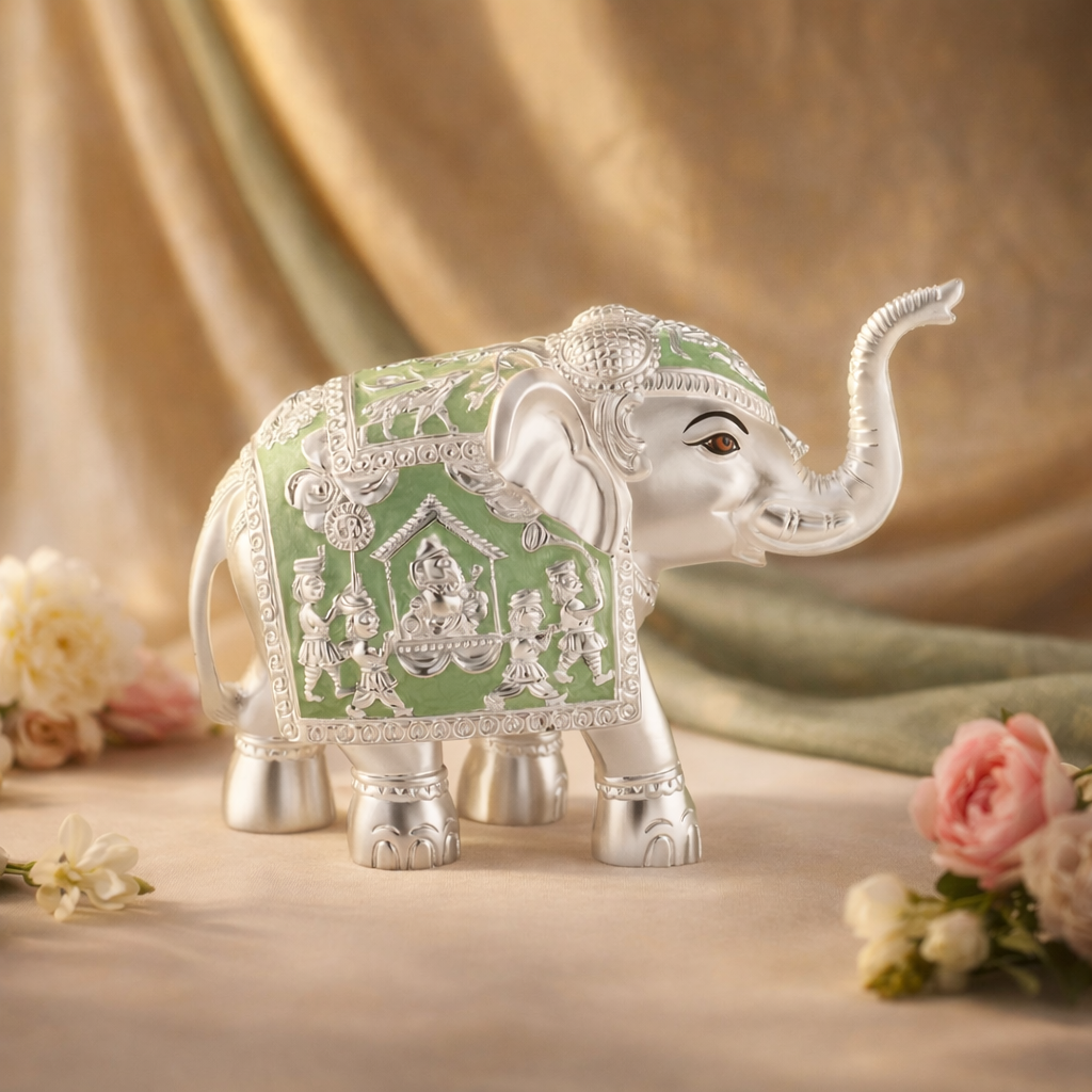 Pair of Silver Sea Green Meena Elephant Small