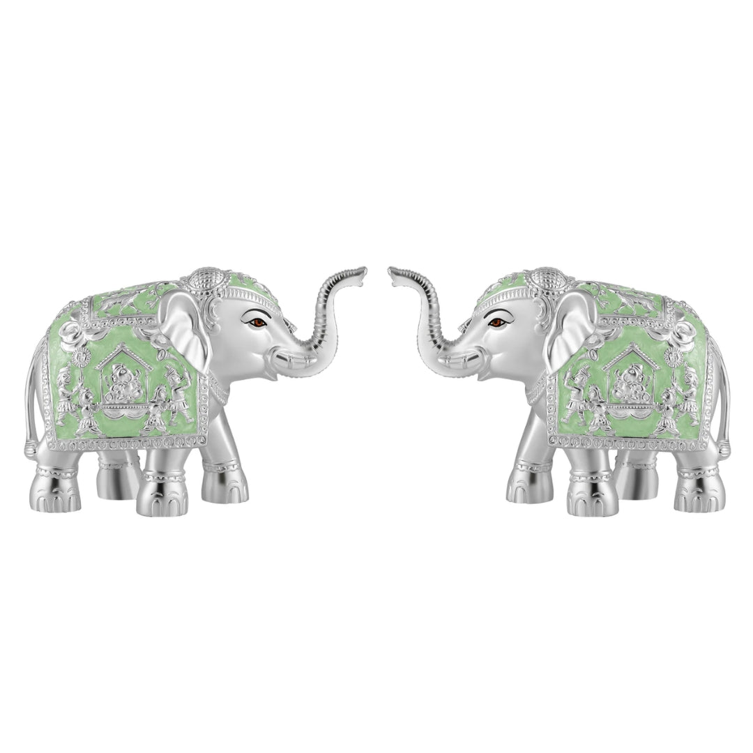 Pair of Silver Sea Green Meena Elephant Small