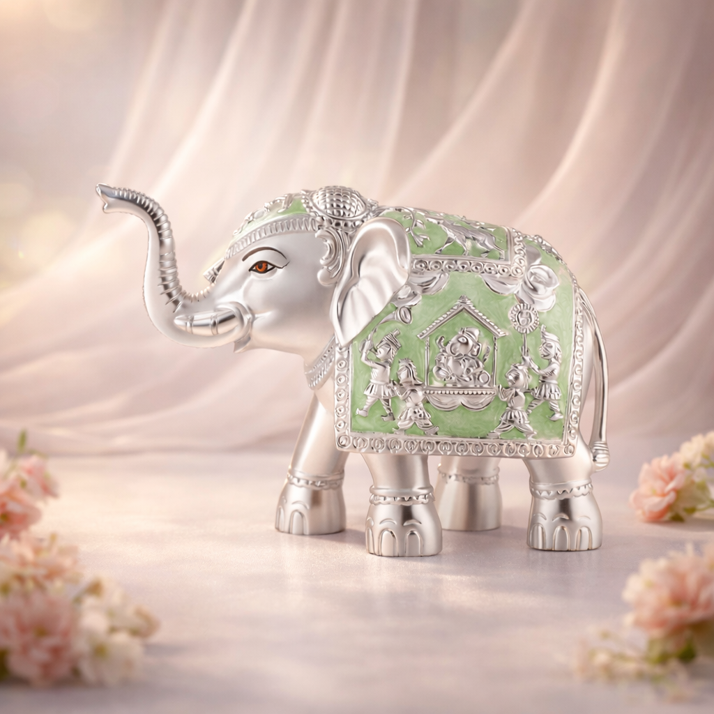 Pair of Silver Sea Green Meena Elephant Medium