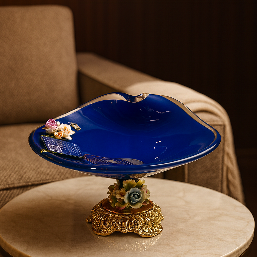 MURANO BLUE CRYSTAL FLORAL BOWL MEDIUM