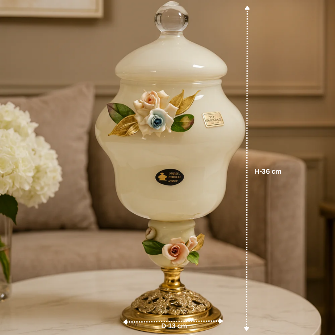 MURANO WHITE CRYSTAL FLORAL JAR WITH LID