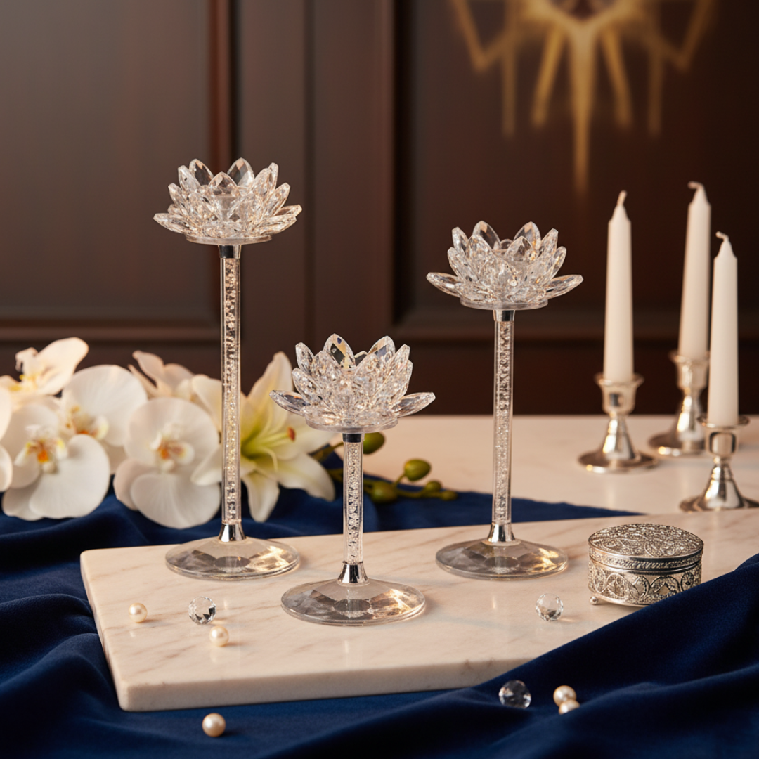 Set of 3 Crystal Flower Candle Holder