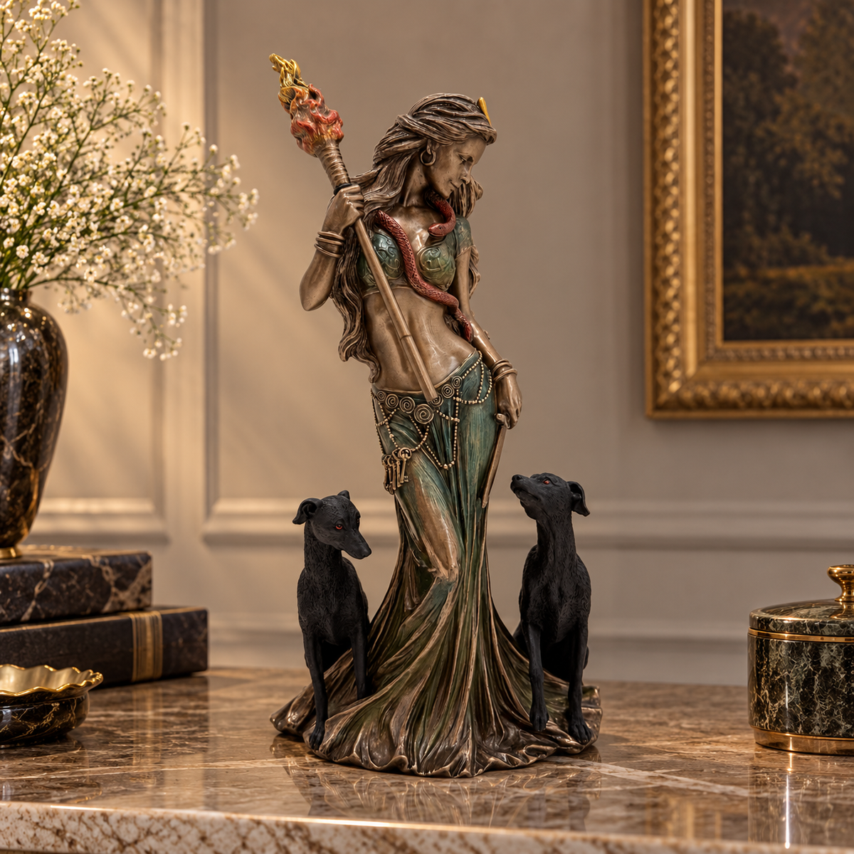 Hecate- Greek goddess of magic with her dogs