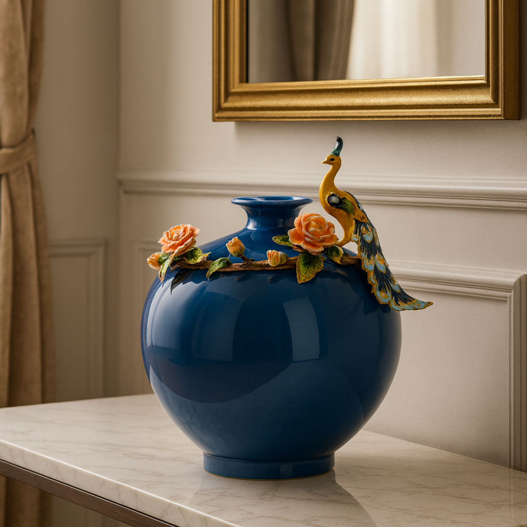 Peacock Blossom Blue Vase (ROUND) (H-26CM)