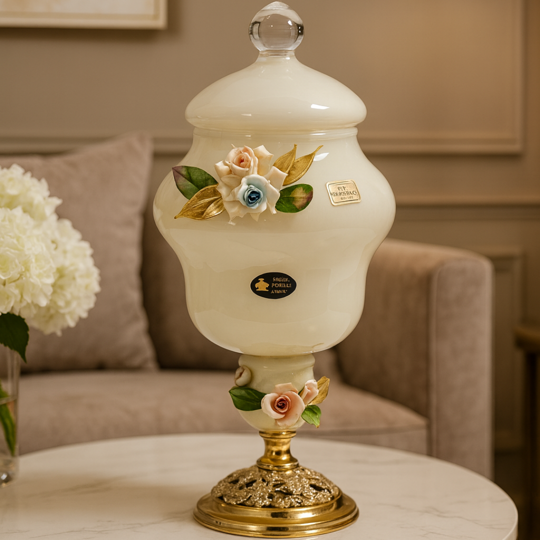 MURANO WHITE CRYSTAL FLORAL JAR WITH LID