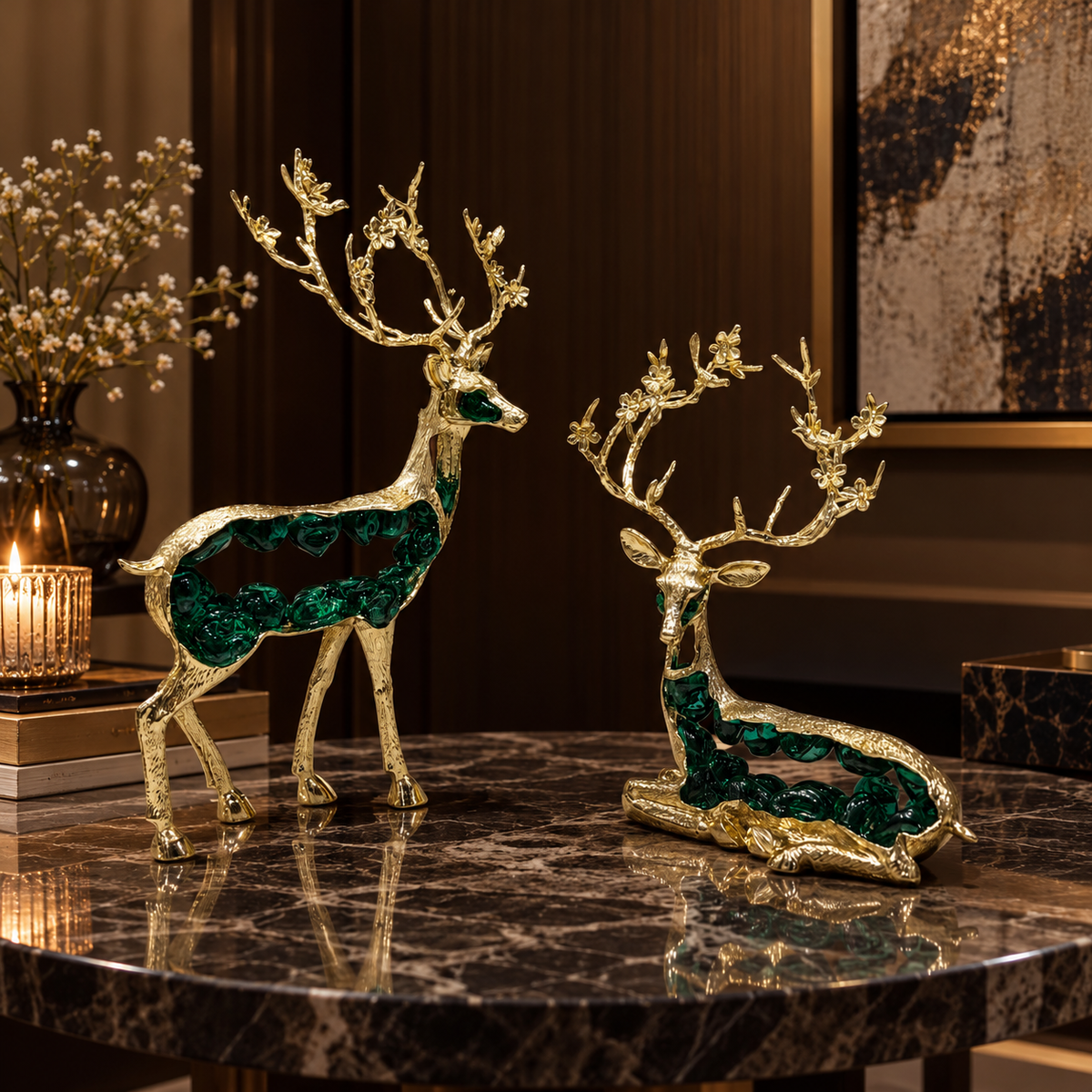 Emerald aurum stag sculpture pair