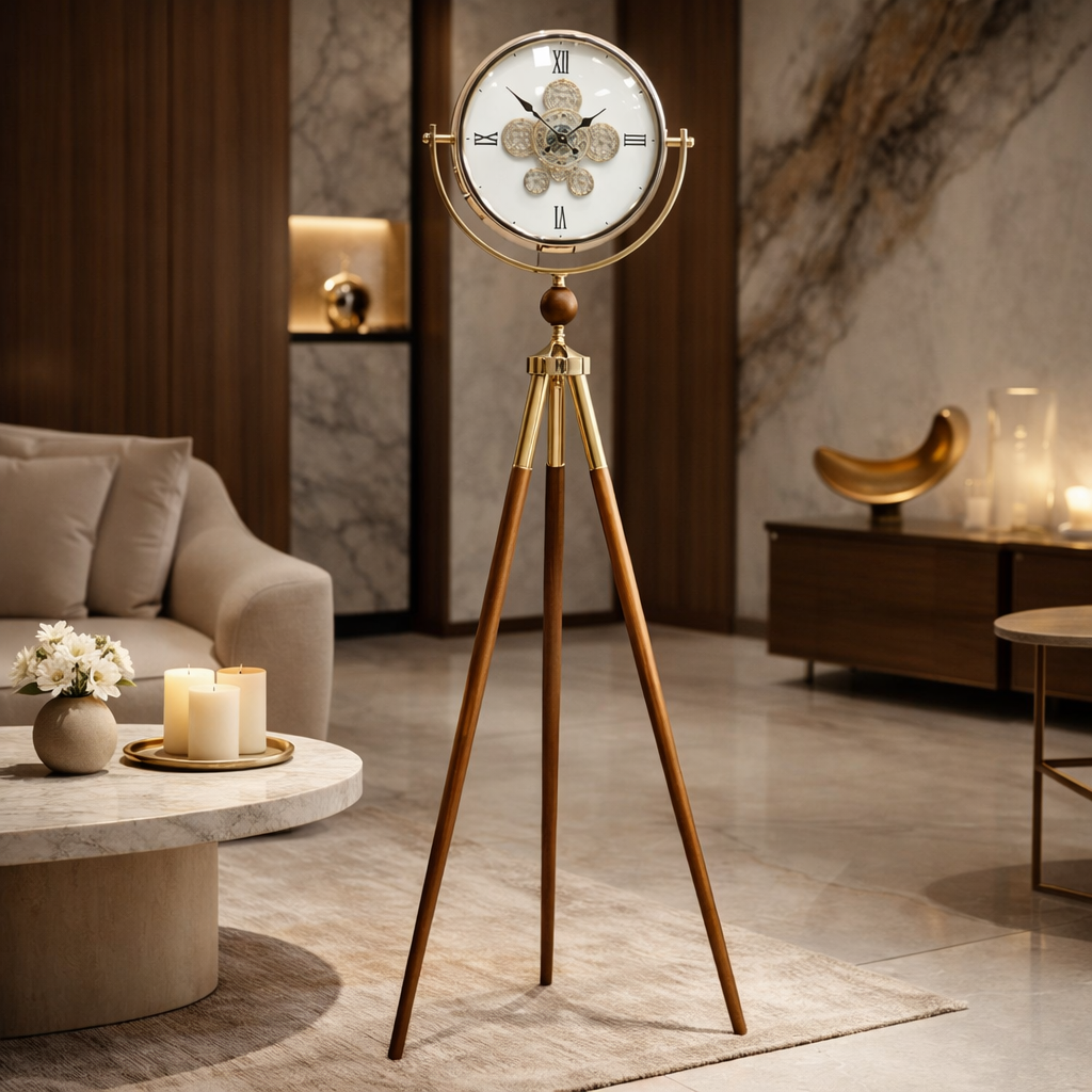 Celestial Hour Clock with Wooden Legs- White