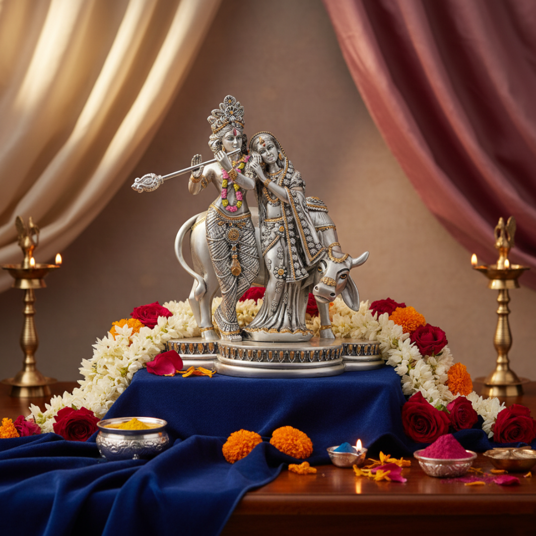 Radha Krishna with Cow Decorative Idol (H- 15 cm )