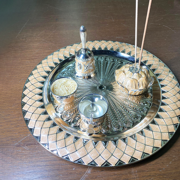 Pastel Puja Thali with peacock round tray