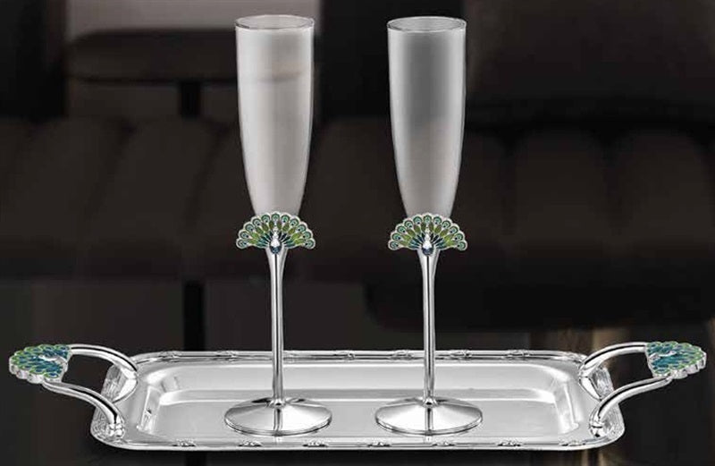Set of 2 Peacock Glasses with Tray