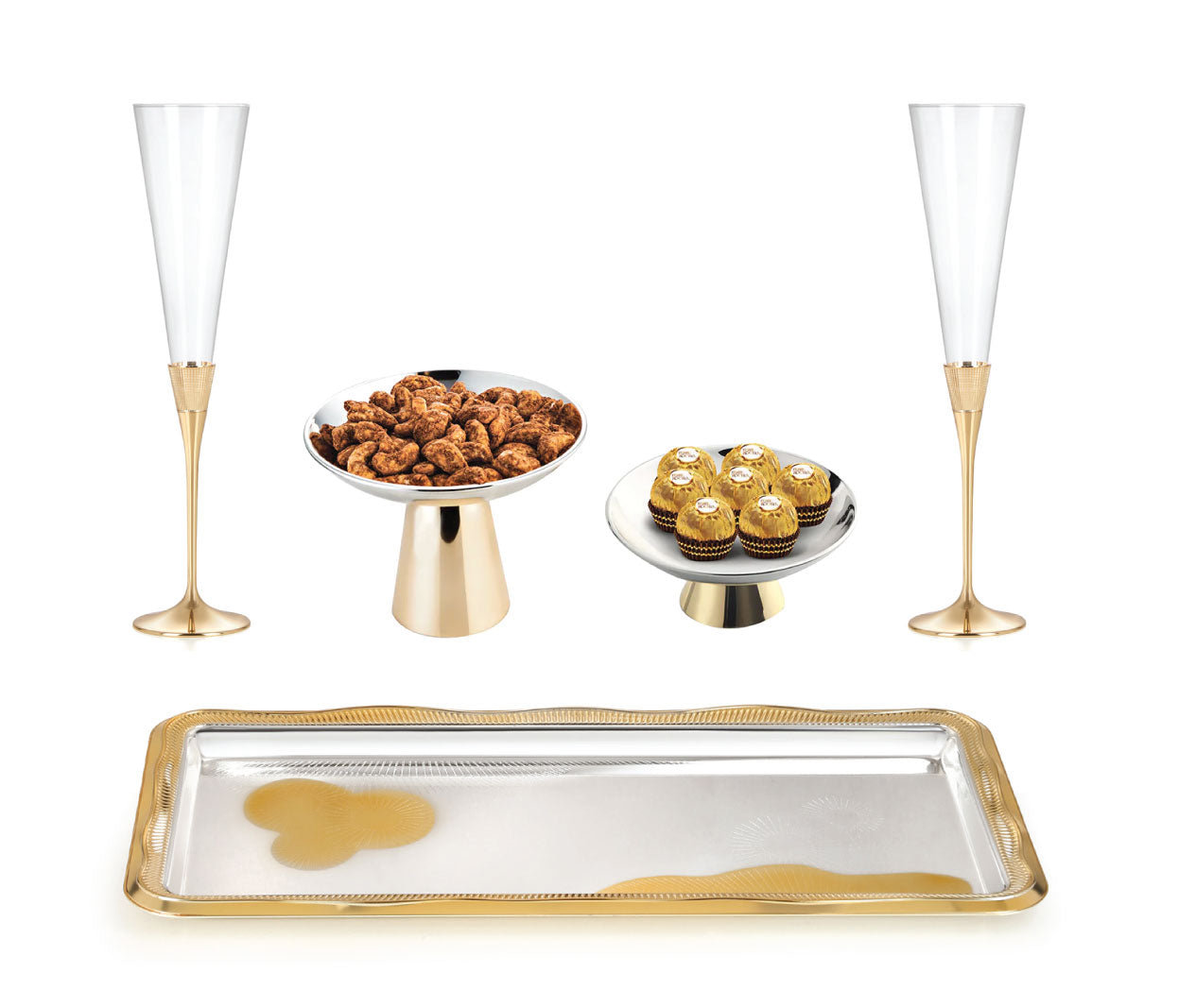 Set of 2 Champagne Flute + Big & Small Server + Wavy Designer Tray