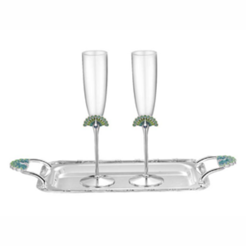 Set of 2 Peacock Glasses with Tray