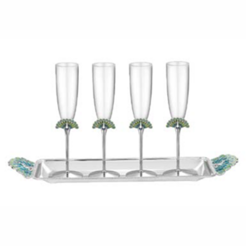 Set of 4 Peacock Glasses with Tray