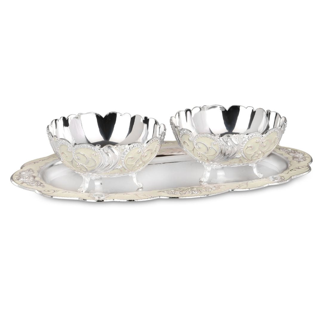 oval tray with 2 enamel bowl white