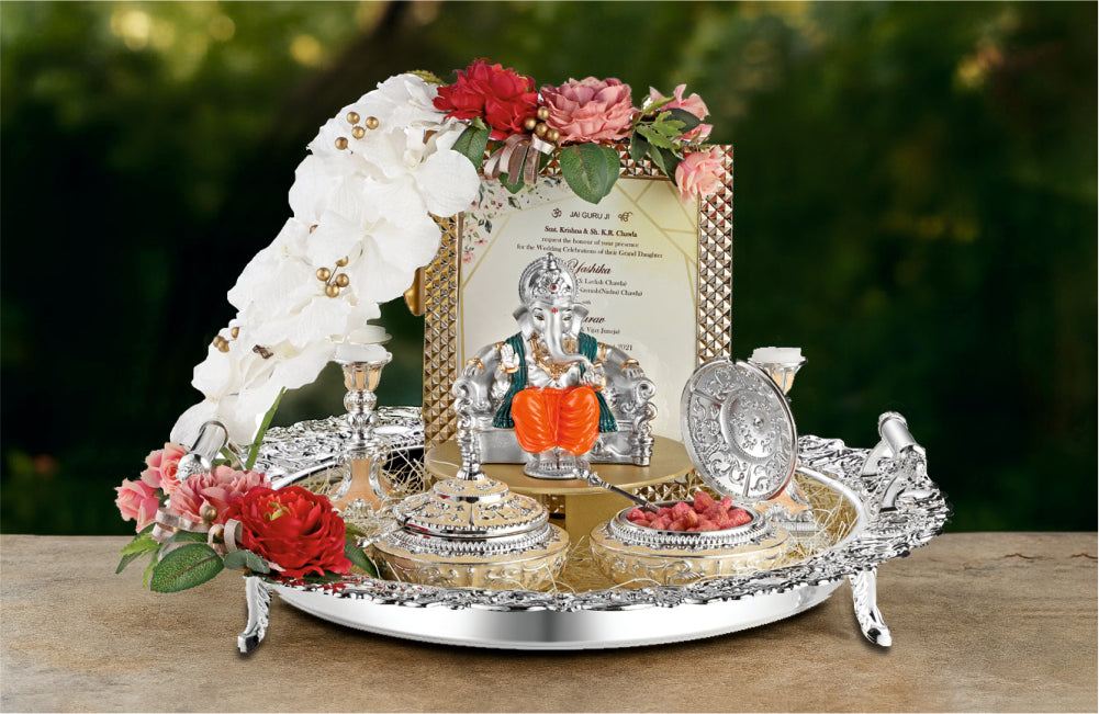 Luxury Wedding Invitation Tray with Ganesh Idol and Floral Accents