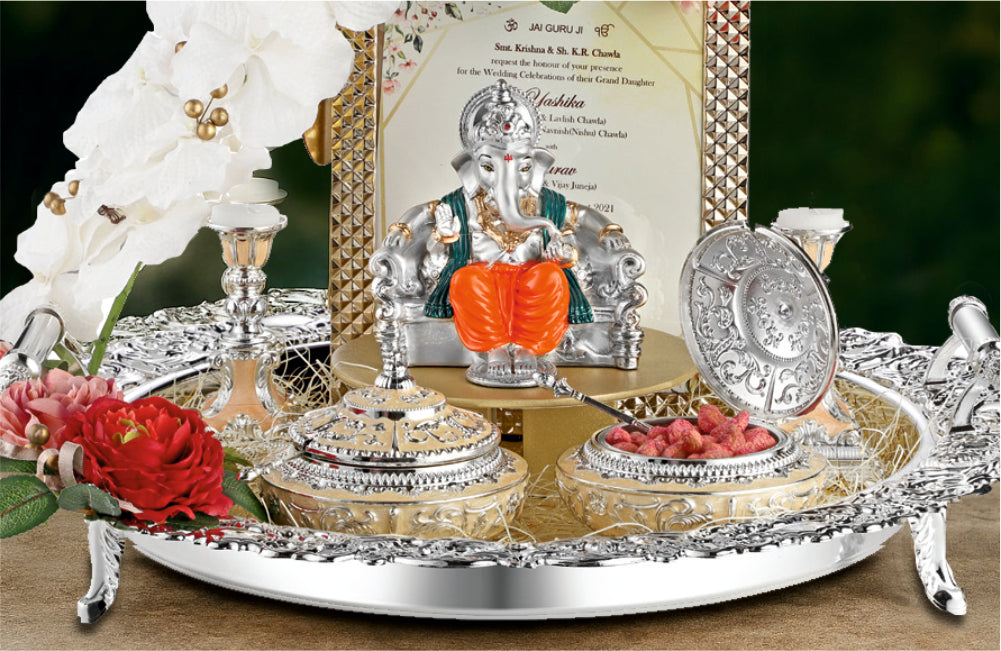 Luxury Wedding Invitation Tray with Ganesh Idol and Floral Accents