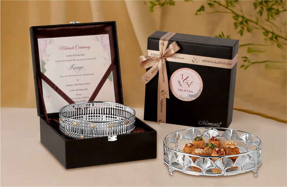 Elegant Wedding Invitation Box with Designer Silver Platter