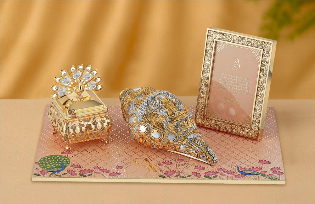 Regal Wedding Invitation Box with Decorative Shankh and Peacock Keepsake
