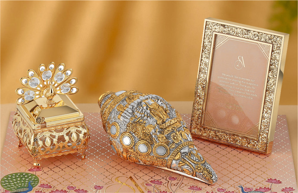Regal Wedding Invitation Box with Decorative Shankh and Peacock Keepsake