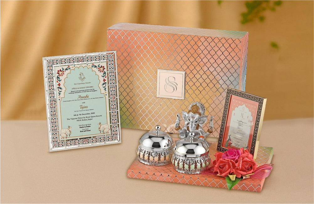 Traditional Indian Wedding Invitation Box with Ganesh Idol & Silver Bowls