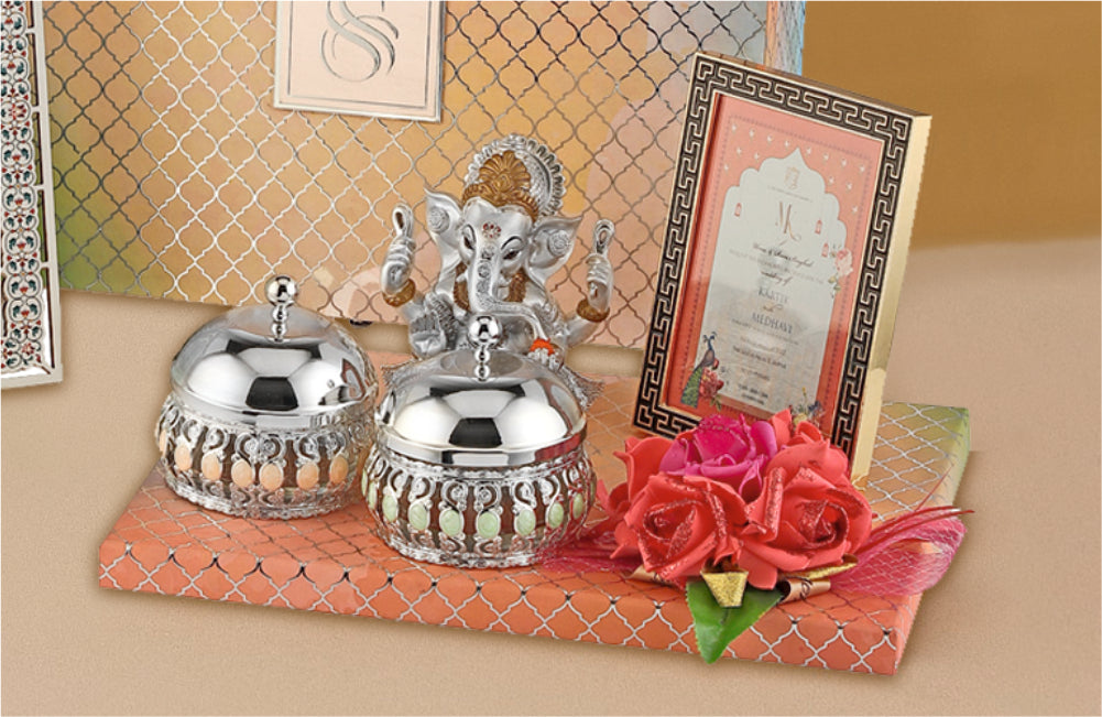 Traditional Indian Wedding Invitation Box with Ganesh Idol & Silver Bowls